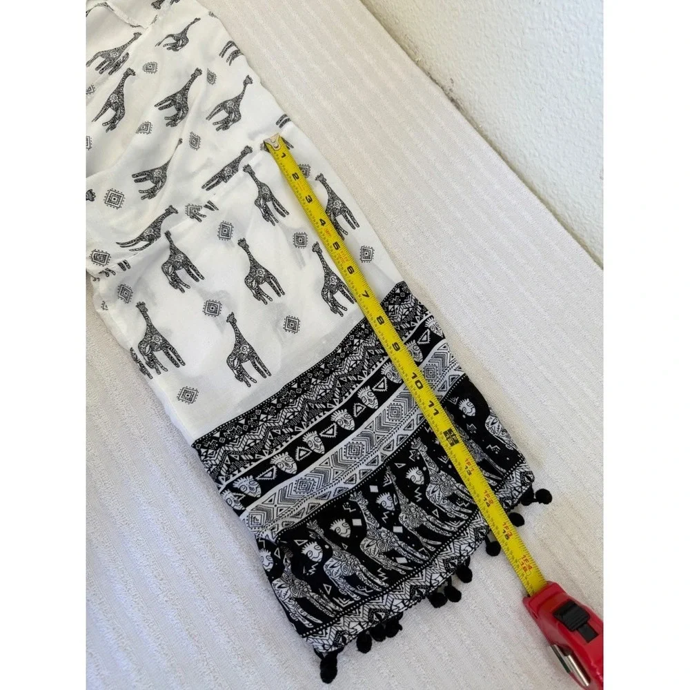 Relipop Womens Kimono Cardigan White Black Giraffe Print Boho‎ Pom Pom Trim M